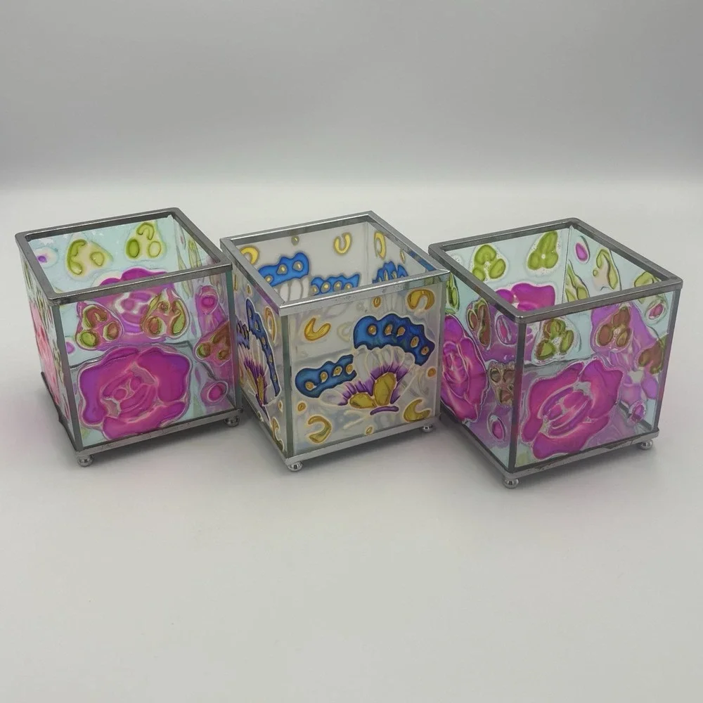 Vintage Floral Butterfly Faux-Stained Glass Candle Votive Holder 3
